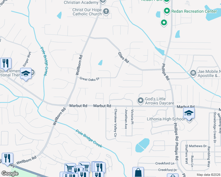 map of restaurants, bars, coffee shops, grocery stores, and more near 2048 Lown Farm Trail in Lithonia