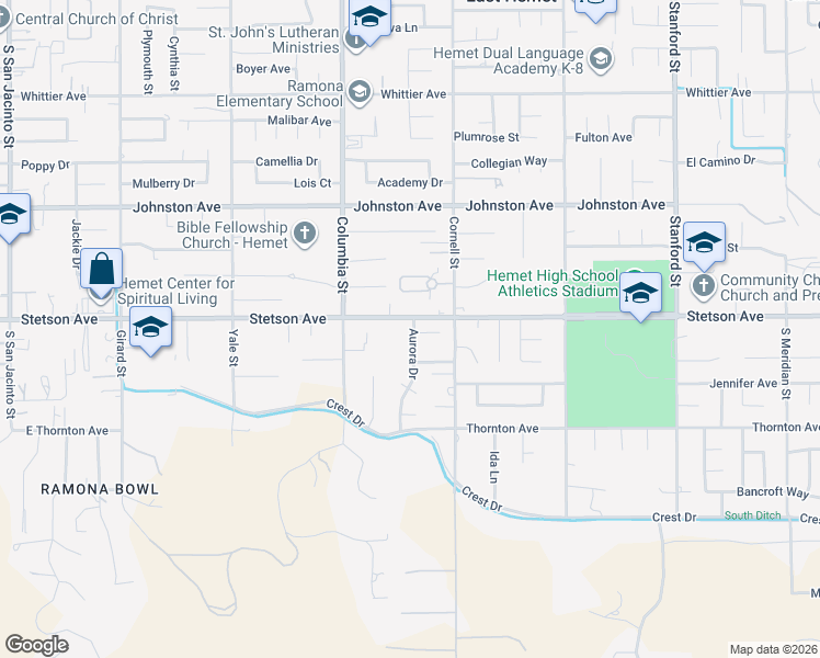 map of restaurants, bars, coffee shops, grocery stores, and more near 41181 East Stetson Avenue in Hemet