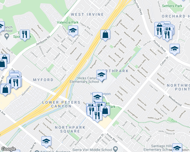 map of restaurants, bars, coffee shops, grocery stores, and more near 8 San Clemente in Irvine