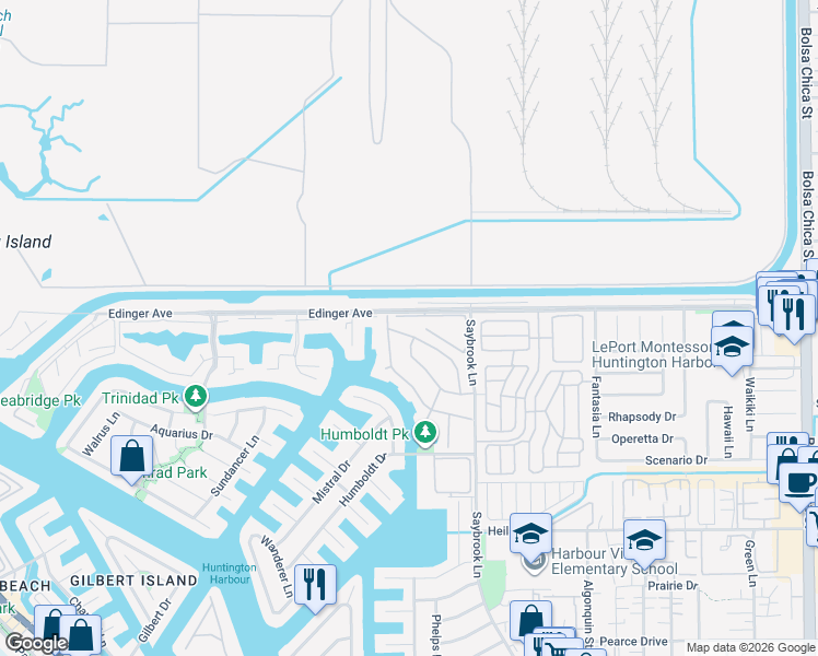 map of restaurants, bars, coffee shops, grocery stores, and more near 4081 Shorebreak Drive in Huntington Beach