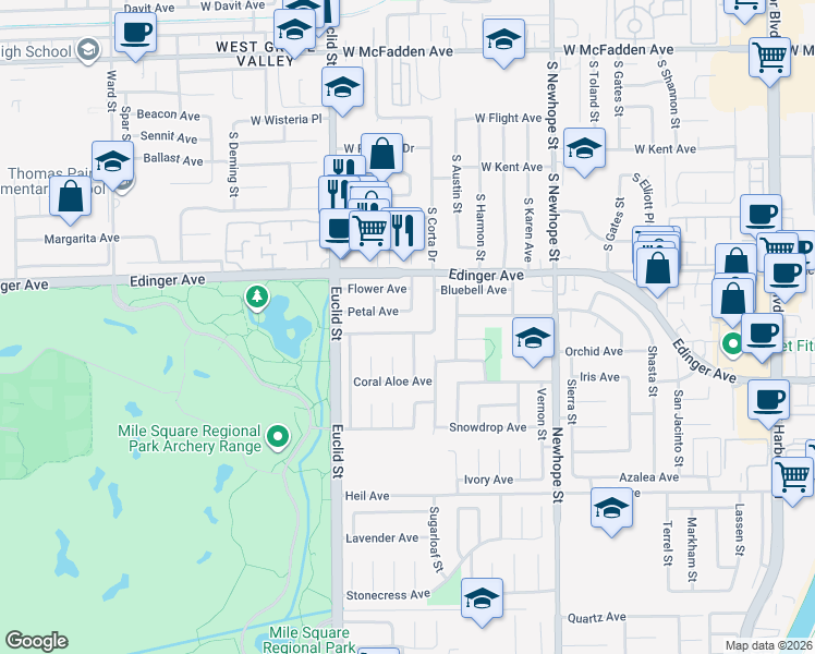 map of restaurants, bars, coffee shops, grocery stores, and more near 11165 Bellflower Avenue in Fountain Valley