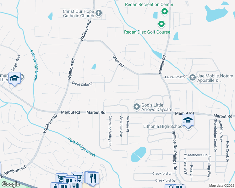 map of restaurants, bars, coffee shops, grocery stores, and more near 2110 Lown Farm Lane in Lithonia