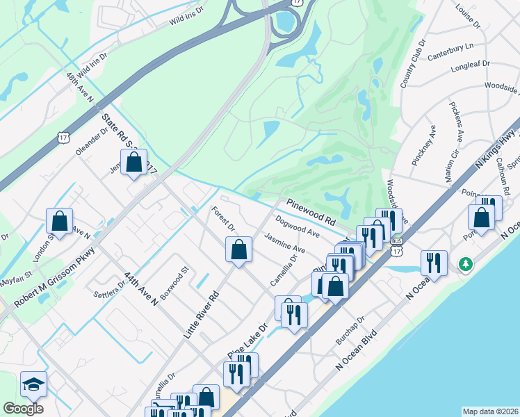 map of restaurants, bars, coffee shops, grocery stores, and more near 5001 Little River Road in Myrtle Beach