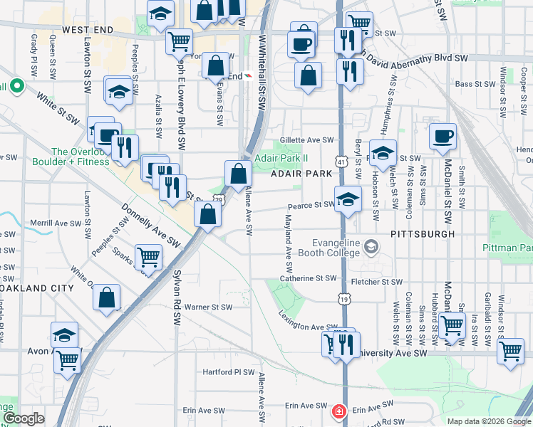 map of restaurants, bars, coffee shops, grocery stores, and more near 756 Pearce Street Southwest in Atlanta