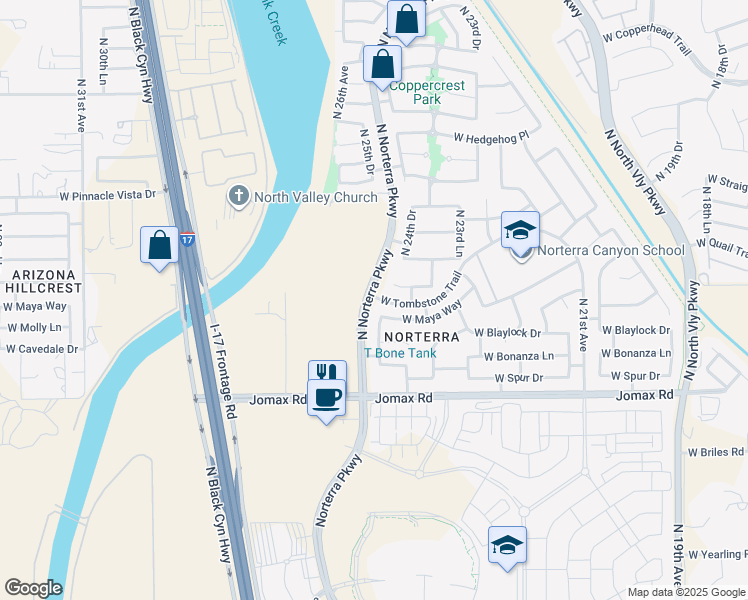 map of restaurants, bars, coffee shops, grocery stores, and more near 26807 North Norterra Parkway in Phoenix