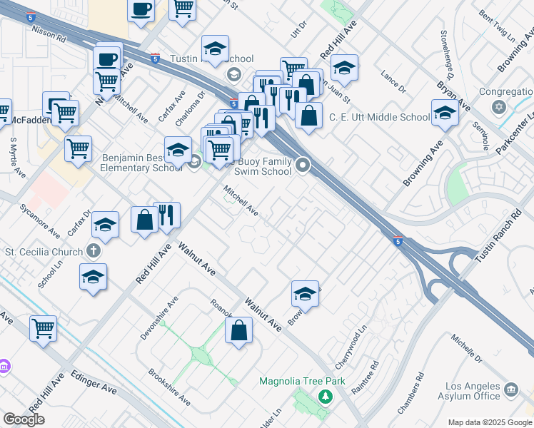 map of restaurants, bars, coffee shops, grocery stores, and more near 1681 Mitchell Avenue in Tustin