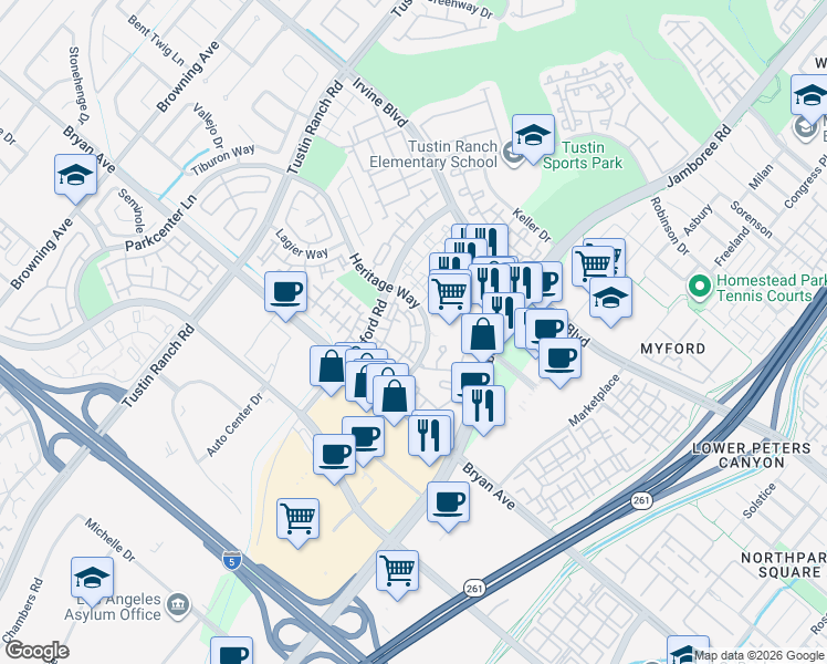 map of restaurants, bars, coffee shops, grocery stores, and more near 13374 Savanna in Tustin