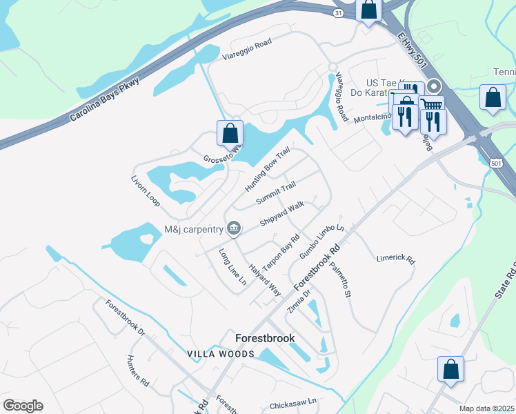 map of restaurants, bars, coffee shops, grocery stores, and more near 4240 Summit Trail in Myrtle Beach