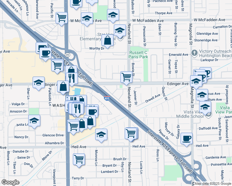 map of restaurants, bars, coffee shops, grocery stores, and more near 8400 Edinger Avenue in Huntington Beach