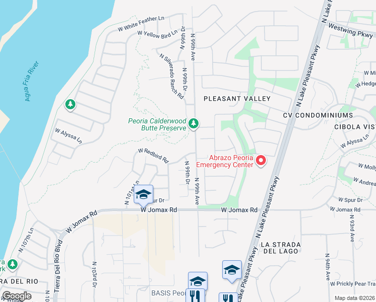 map of restaurants, bars, coffee shops, grocery stores, and more near 9910 West Redbird Road in Peoria