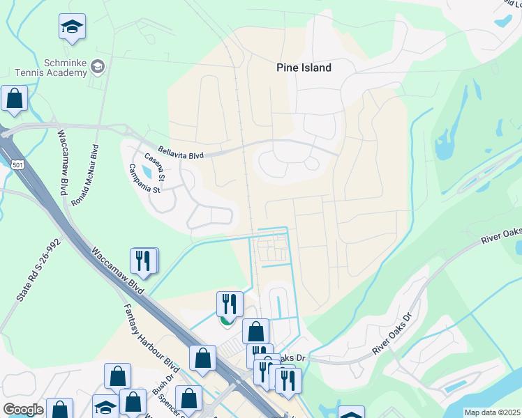 map of restaurants, bars, coffee shops, grocery stores, and more near 1090 Tidewater Road in Myrtle Beach