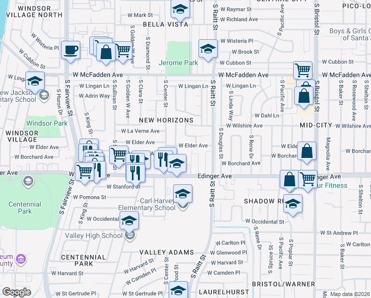map of restaurants, bars, coffee shops, grocery stores, and more near 2121 West Borchard Avenue in Santa Ana