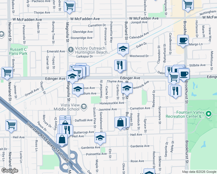 map of restaurants, bars, coffee shops, grocery stores, and more near 16094 Cache Street in Fountain Valley