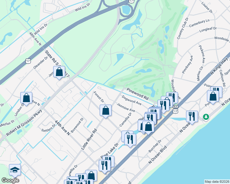 map of restaurants, bars, coffee shops, grocery stores, and more near 5001 Little River Road in Myrtle Beach