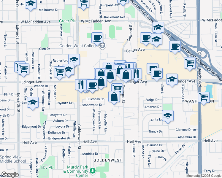 map of restaurants, bars, coffee shops, grocery stores, and more near 7290 Edinger Avenue in Huntington Beach