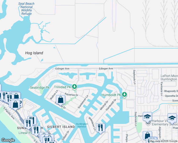 map of restaurants, bars, coffee shops, grocery stores, and more near 3762 Montego Drive in Huntington Beach