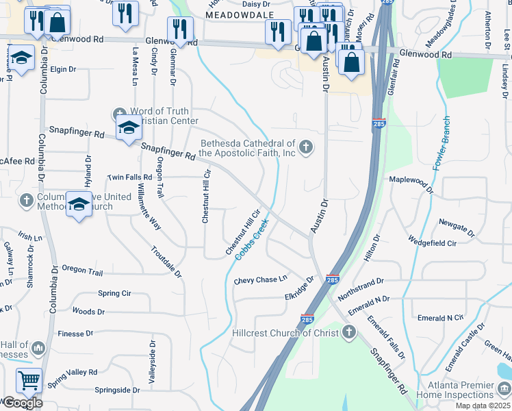 map of restaurants, bars, coffee shops, grocery stores, and more near 2299 Chestnut Hill Circle in Decatur