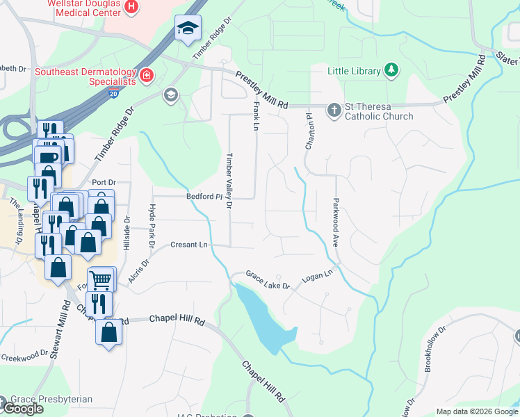 map of restaurants, bars, coffee shops, grocery stores, and more near 5818 Wembley Drive in Douglasville