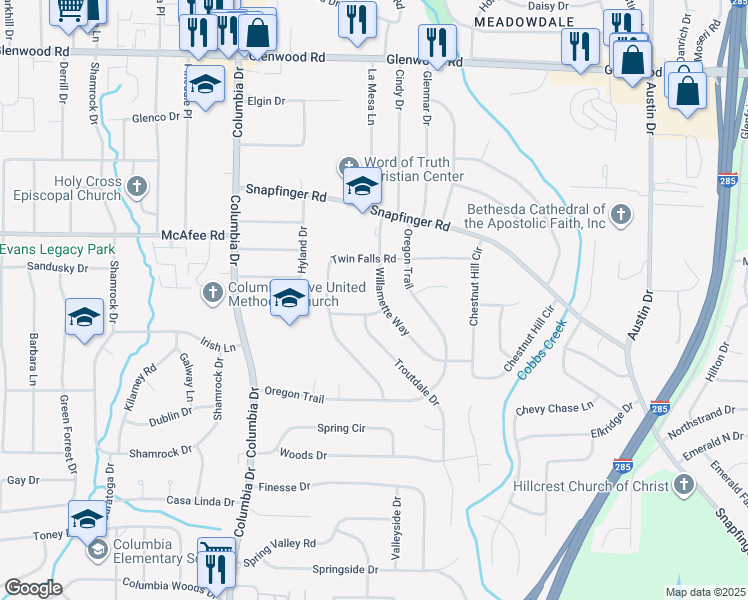 map of restaurants, bars, coffee shops, grocery stores, and more near 2071 Willamette Way in Decatur