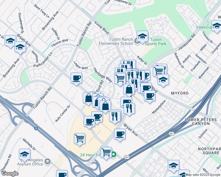 map of restaurants, bars, coffee shops, grocery stores, and more near 13372 Savanna in Tustin