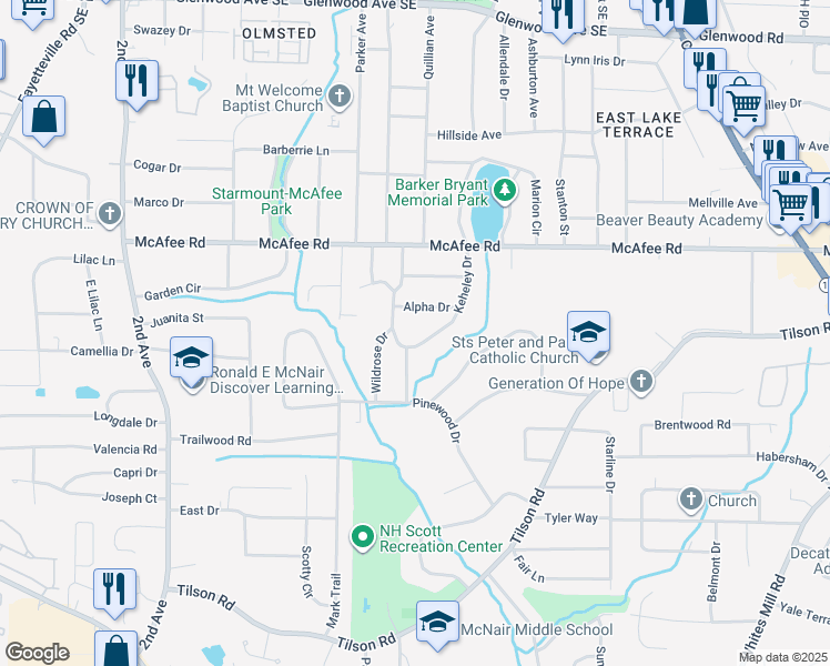 map of restaurants, bars, coffee shops, grocery stores, and more near 2131 Keheley Drive in Decatur