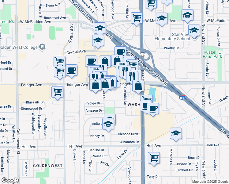 map of restaurants, bars, coffee shops, grocery stores, and more near 7800 Edinger Avenue in Huntington Beach