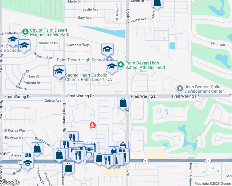 map of restaurants, bars, coffee shops, grocery stores, and more near 74915 San Ysidro Circle in Palm Desert