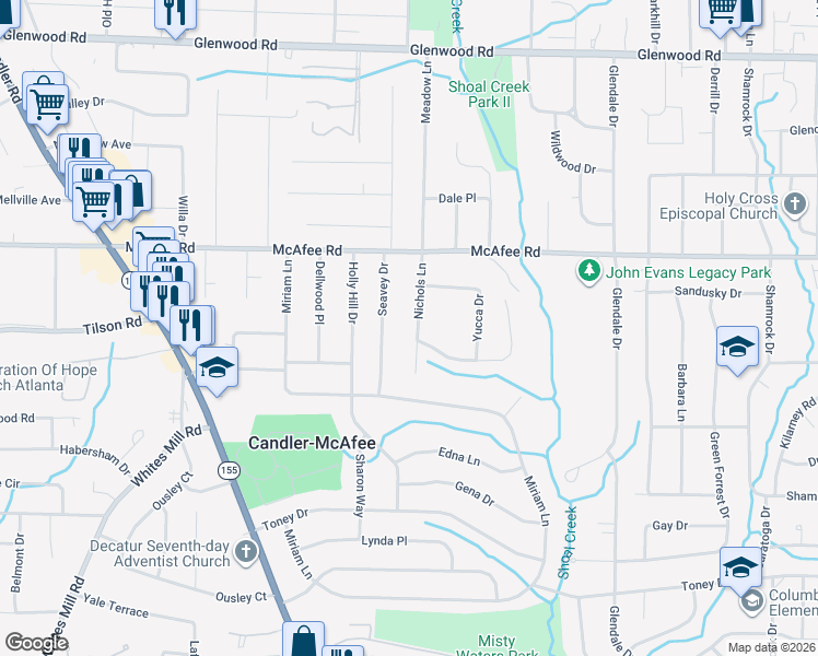 map of restaurants, bars, coffee shops, grocery stores, and more near 2087 Nichols Ln in Decatur