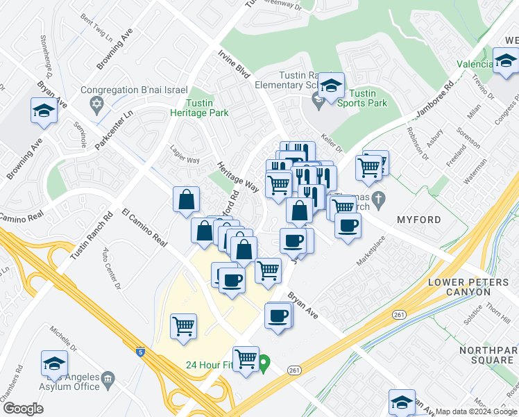 map of restaurants, bars, coffee shops, grocery stores, and more near 13372 Savanna in Tustin