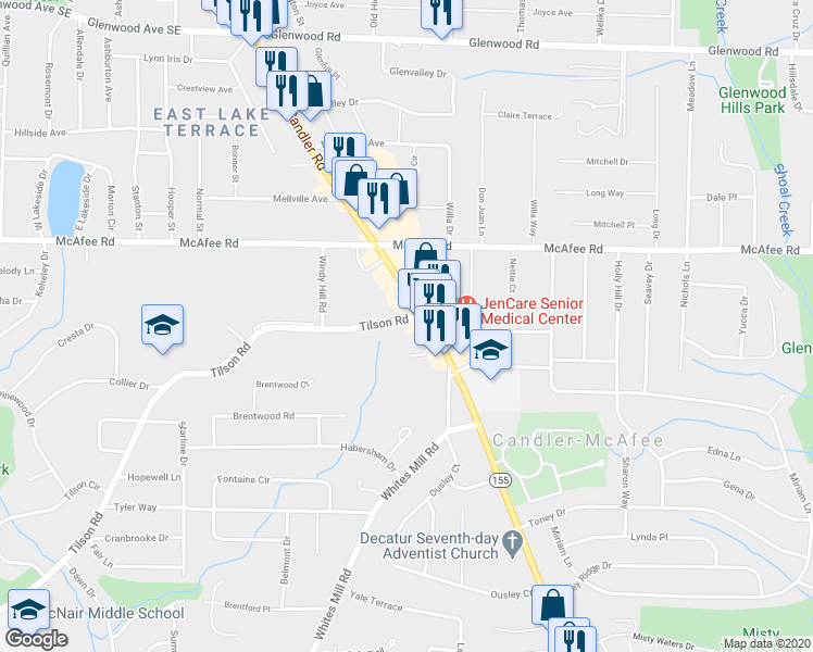 map of restaurants, bars, coffee shops, grocery stores, and more near 2791 Tilson Road in Decatur