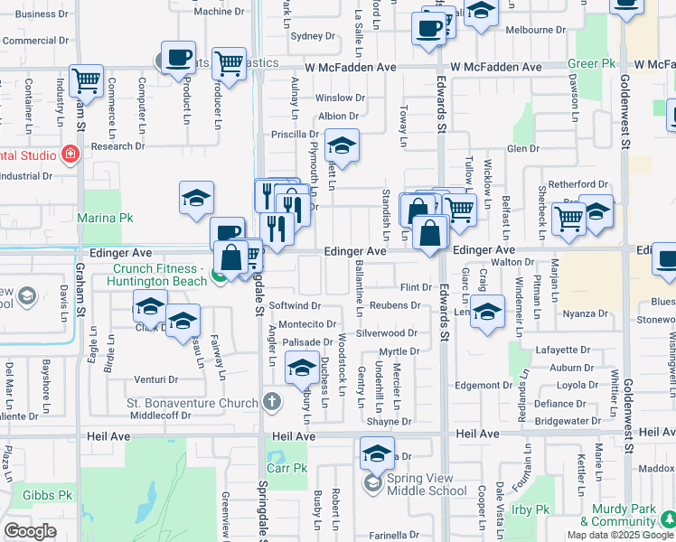 map of restaurants, bars, coffee shops, grocery stores, and more near 6200 Edinger Avenue in Huntington Beach