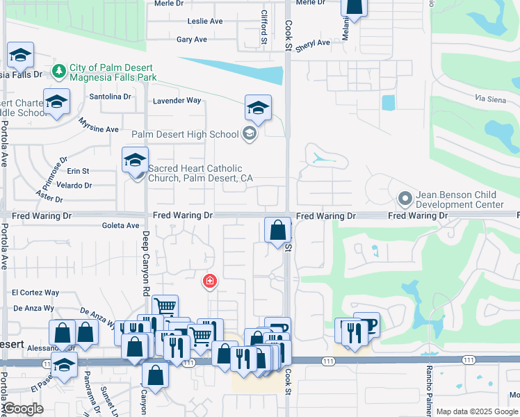 map of restaurants, bars, coffee shops, grocery stores, and more near 74905 San Ysidro Circle in Palm Desert