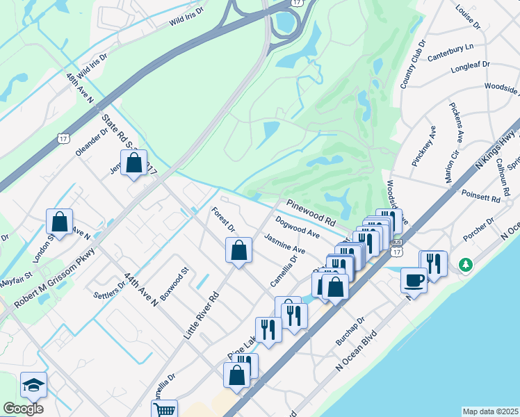 map of restaurants, bars, coffee shops, grocery stores, and more near 5001 Little River Road in Myrtle Beach