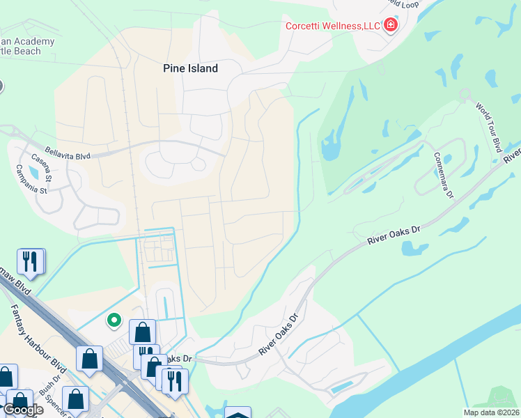 map of restaurants, bars, coffee shops, grocery stores, and more near 297 Connemara Drive in Myrtle Beach