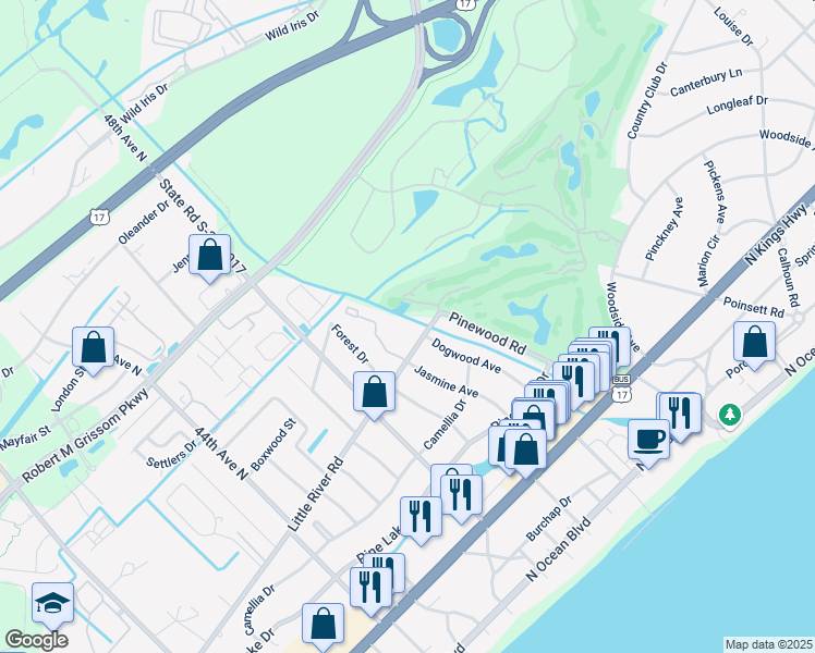 map of restaurants, bars, coffee shops, grocery stores, and more near 5001 Little River Road in Myrtle Beach
