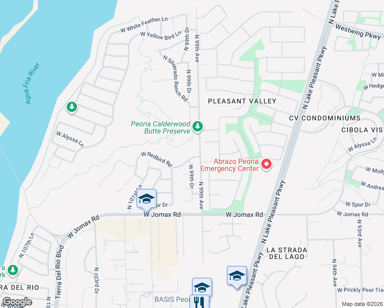 map of restaurants, bars, coffee shops, grocery stores, and more near 9910 West Redbird Road in Peoria