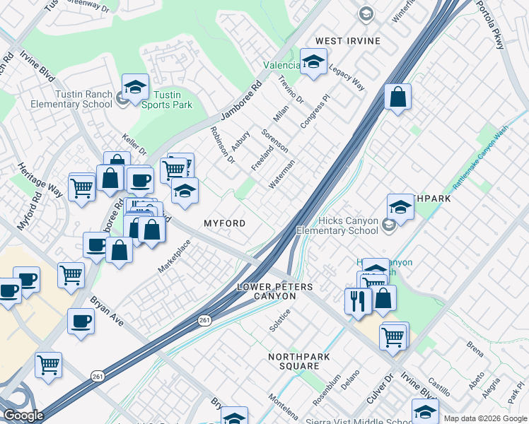 map of restaurants, bars, coffee shops, grocery stores, and more near 16 Starwood in Irvine