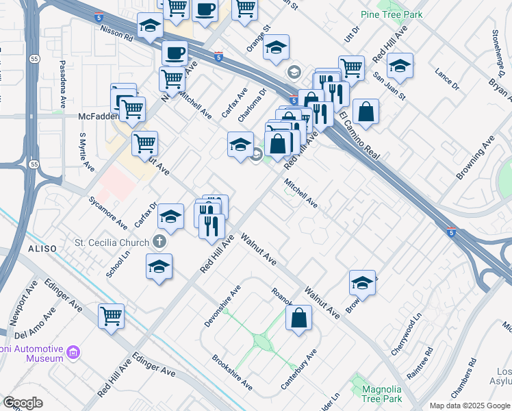 map of restaurants, bars, coffee shops, grocery stores, and more near 1541 Copperfield Drive in Tustin