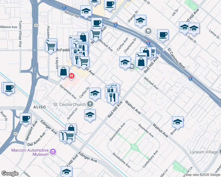map of restaurants, bars, coffee shops, grocery stores, and more near 1322 Walnut Avenue in Tustin