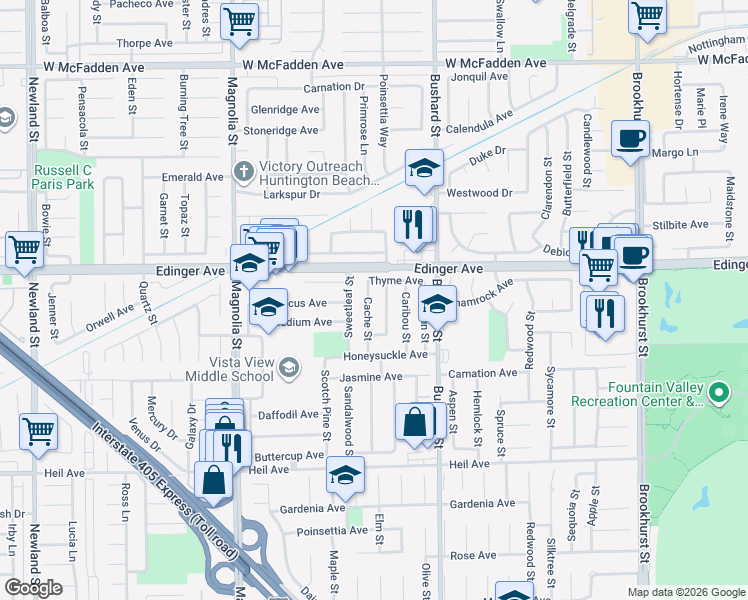map of restaurants, bars, coffee shops, grocery stores, and more near 16094 Cache Street in Fountain Valley