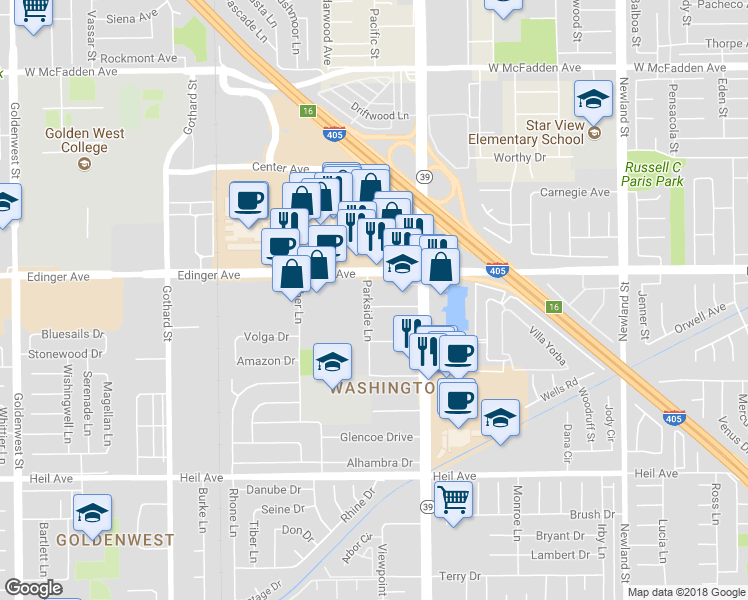 map of restaurants, bars, coffee shops, grocery stores, and more near 7861 Aldrich Drive in Huntington Beach