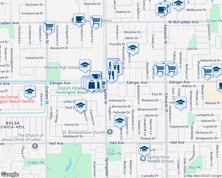 map of restaurants, bars, coffee shops, grocery stores, and more near 16072 Springdale Street in Huntington Beach