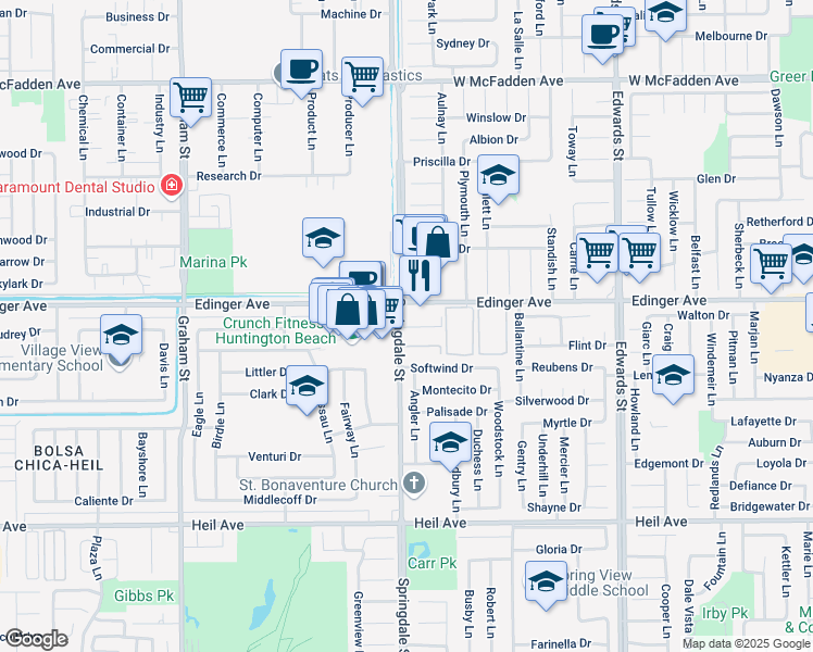 map of restaurants, bars, coffee shops, grocery stores, and more near 5922 Edinger Avenue in Huntington Beach
