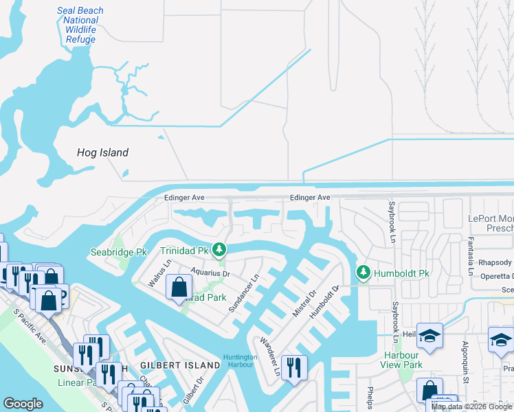map of restaurants, bars, coffee shops, grocery stores, and more near 3726 Montego Drive in Huntington Beach