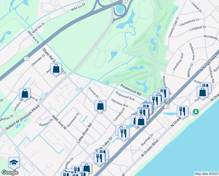 map of restaurants, bars, coffee shops, grocery stores, and more near 5001 Little River Road in Myrtle Beach