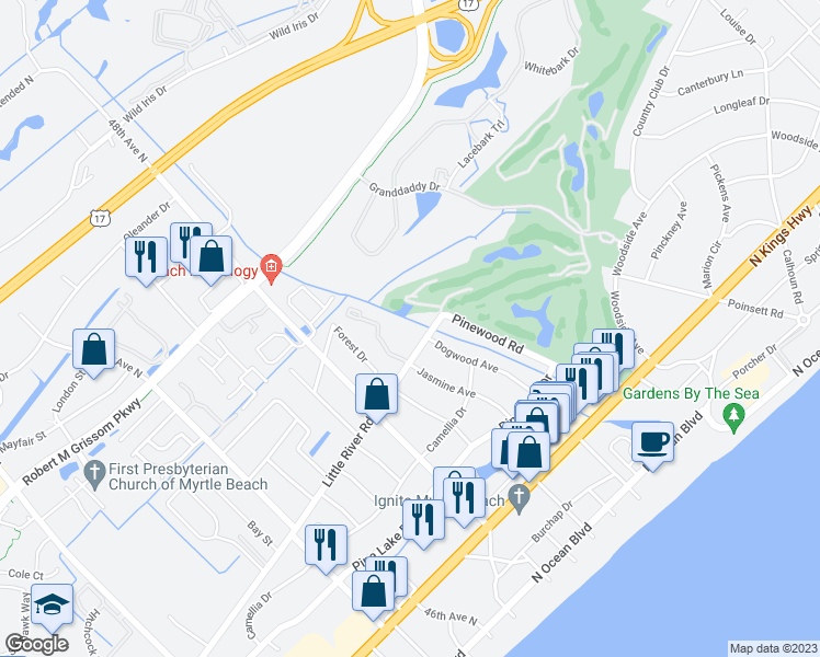 map of restaurants, bars, coffee shops, grocery stores, and more near 5001 Little River Road in Myrtle Beach