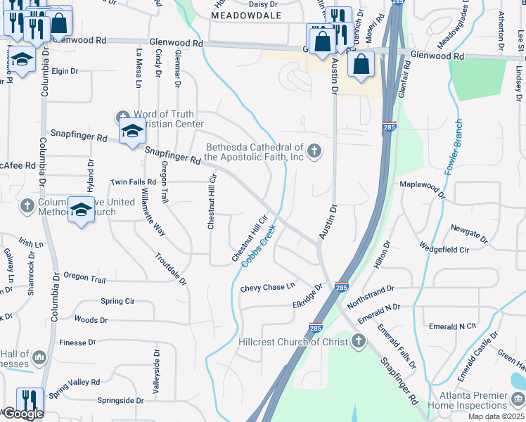 map of restaurants, bars, coffee shops, grocery stores, and more near 2299 Chestnut Hill Circle in Decatur