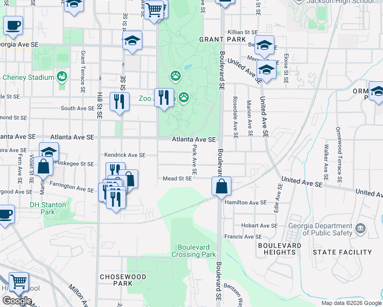 map of restaurants, bars, coffee shops, grocery stores, and more near 934 Park Avenue Southeast in Atlanta