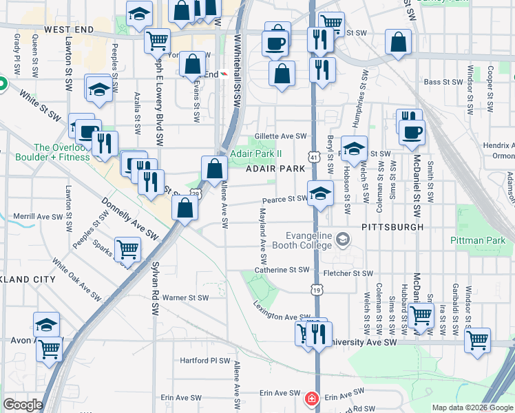map of restaurants, bars, coffee shops, grocery stores, and more near 942 Mayland Avenue Southwest in Atlanta