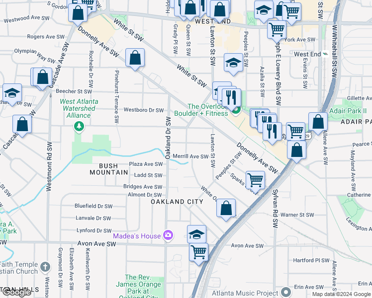 map of restaurants, bars, coffee shops, grocery stores, and more near 953 Hall Street Southwest in Atlanta
